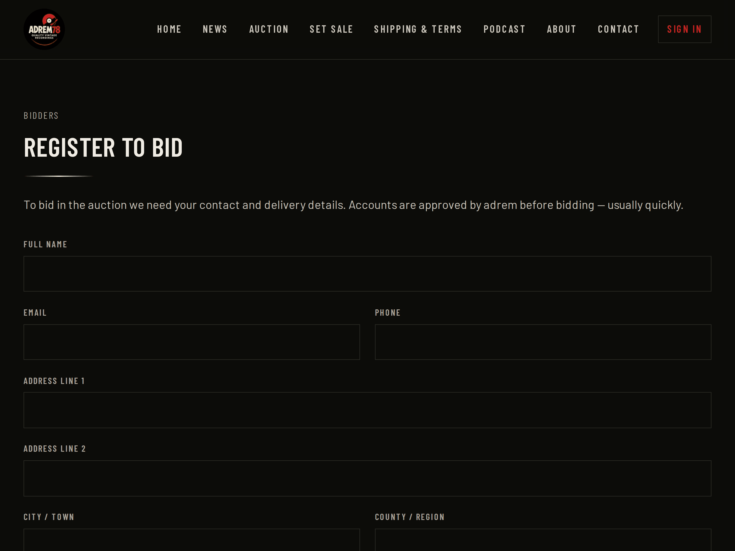 The registration form, with boxes for your name, email, phone number and postal address.