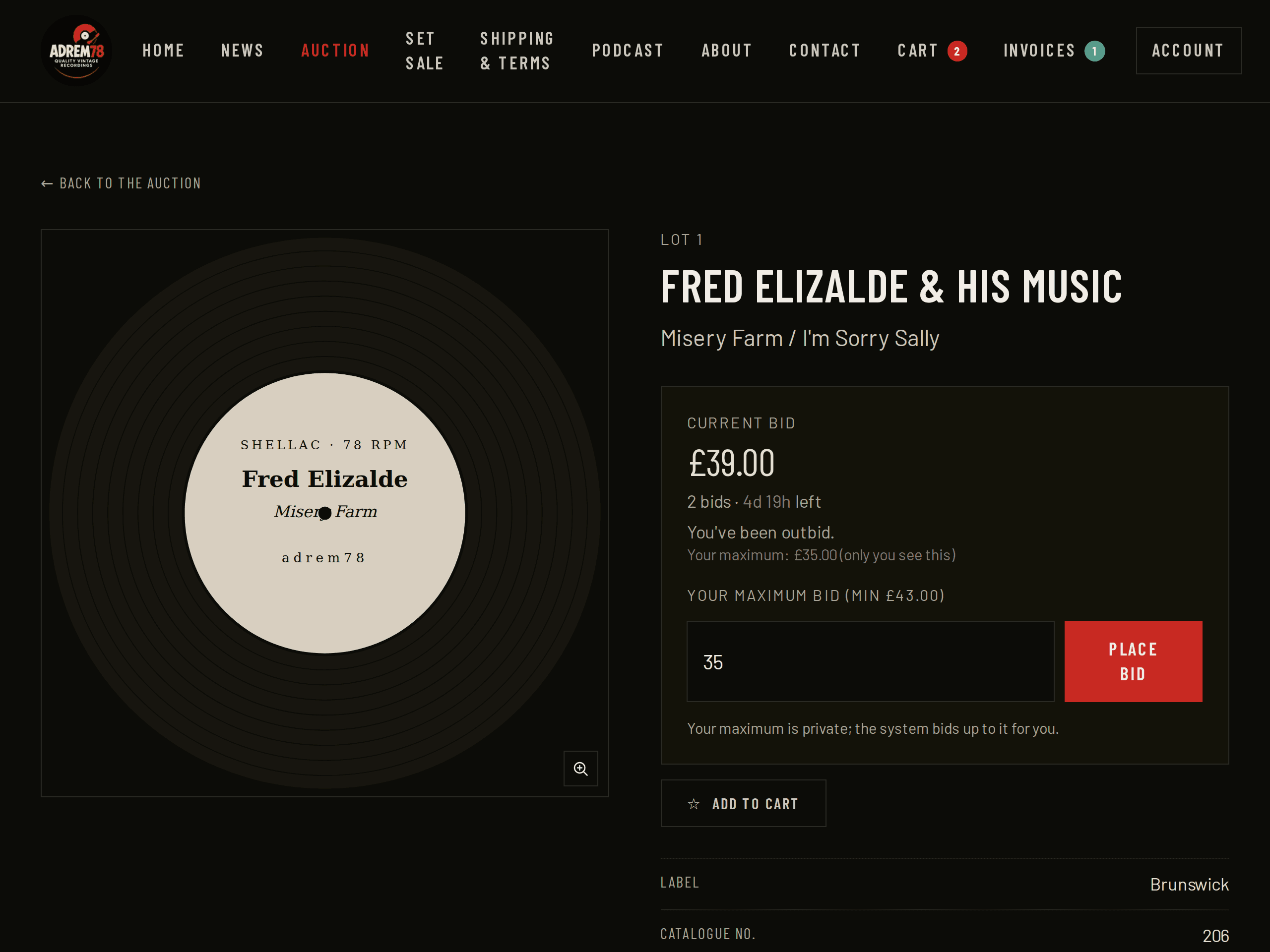 A single record's page, with large photographs on the left and its details and price on the right.