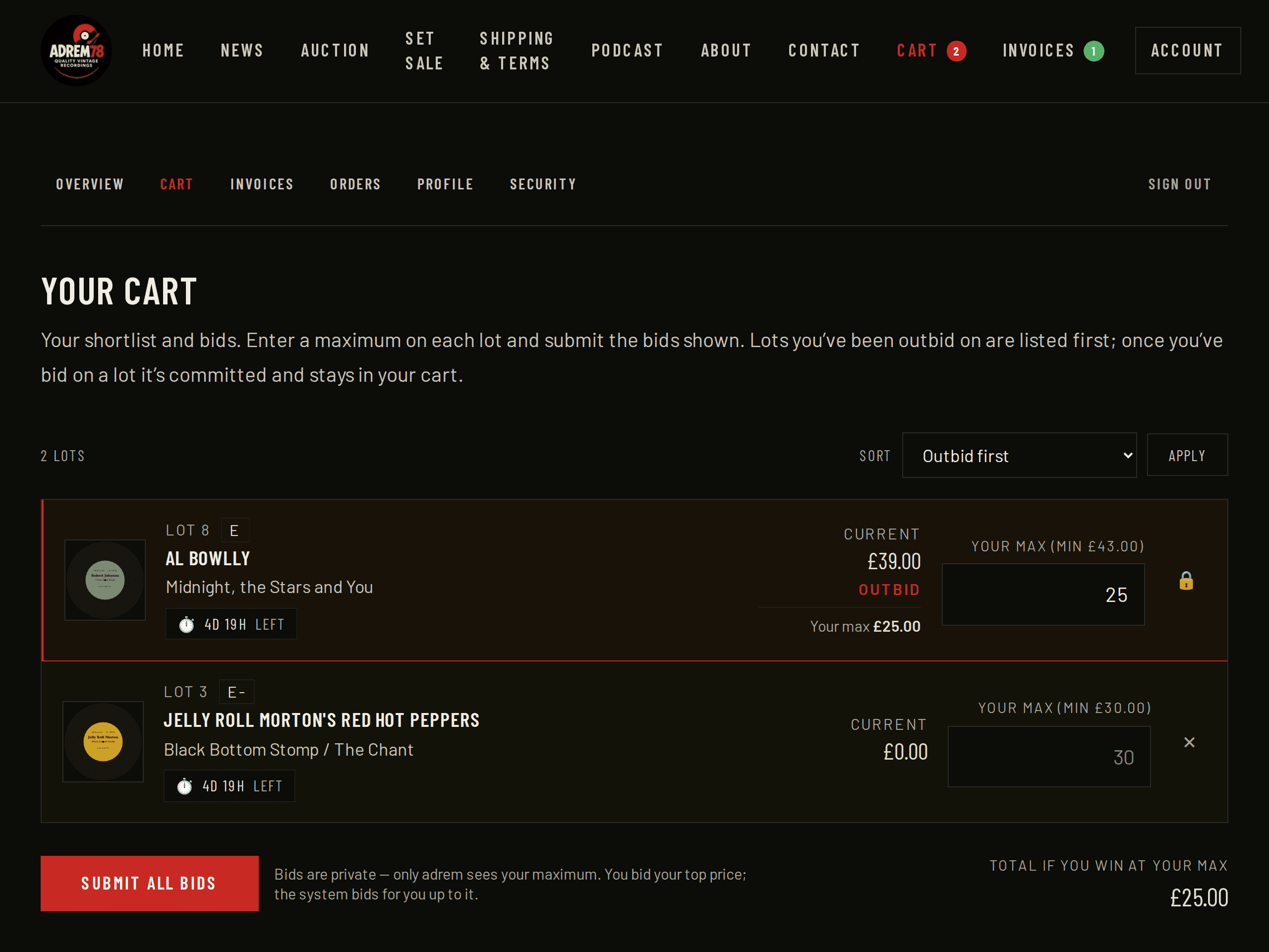 The cart page, listing the records you are watching with a box to enter your bid for each one.