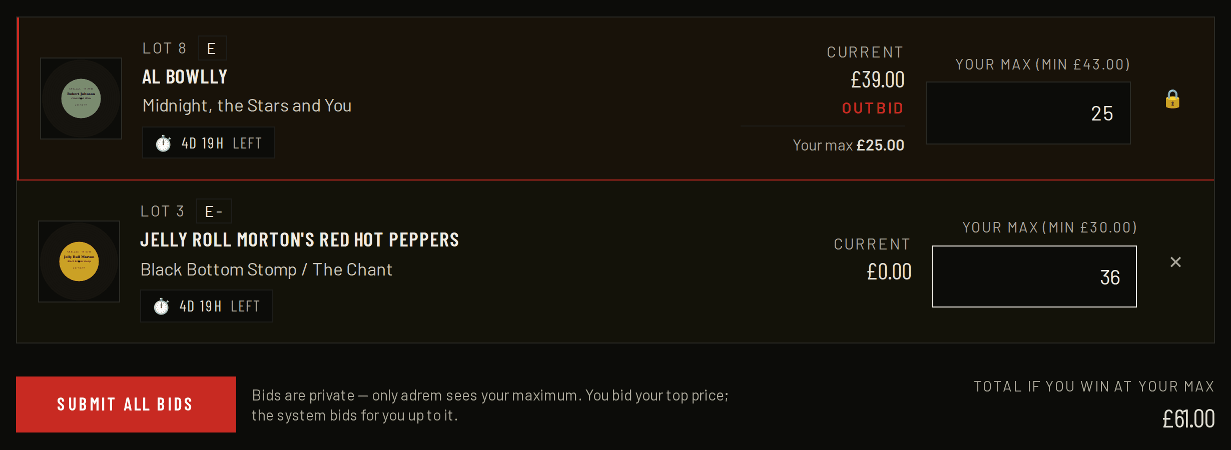 A close-up of the cart, with a highest bid typed into the “Your max” box and the “Submit all bids” button underneath.