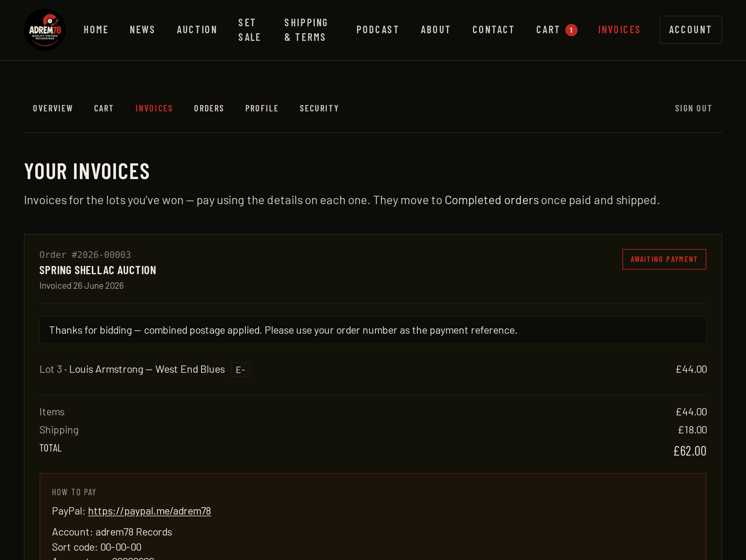 The invoices page, showing an invoice for a won record with the payment details to use.